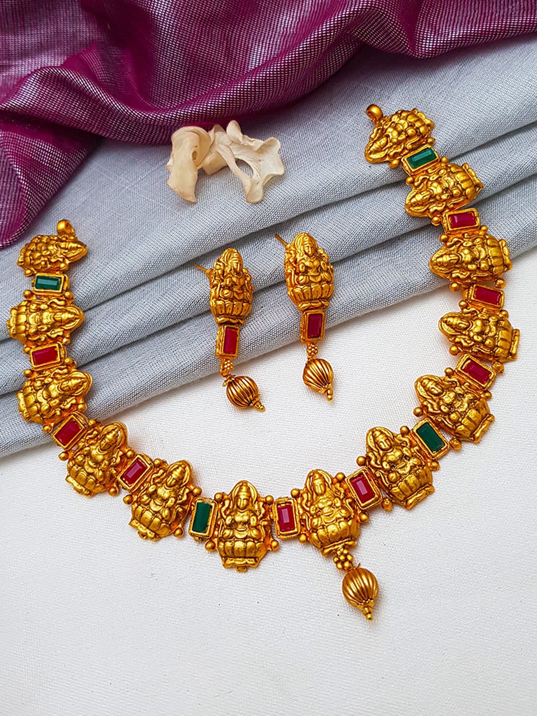 

GRIIHAM Gold-Plated Pink & Green Stones-Studded Temple Jewellery Set