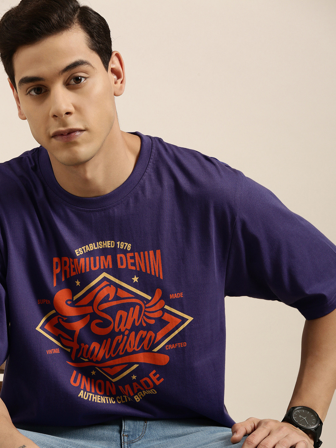 

DILLINGER Men Navy Blue Typography Printed Pure Cotton Oversized T-shirt