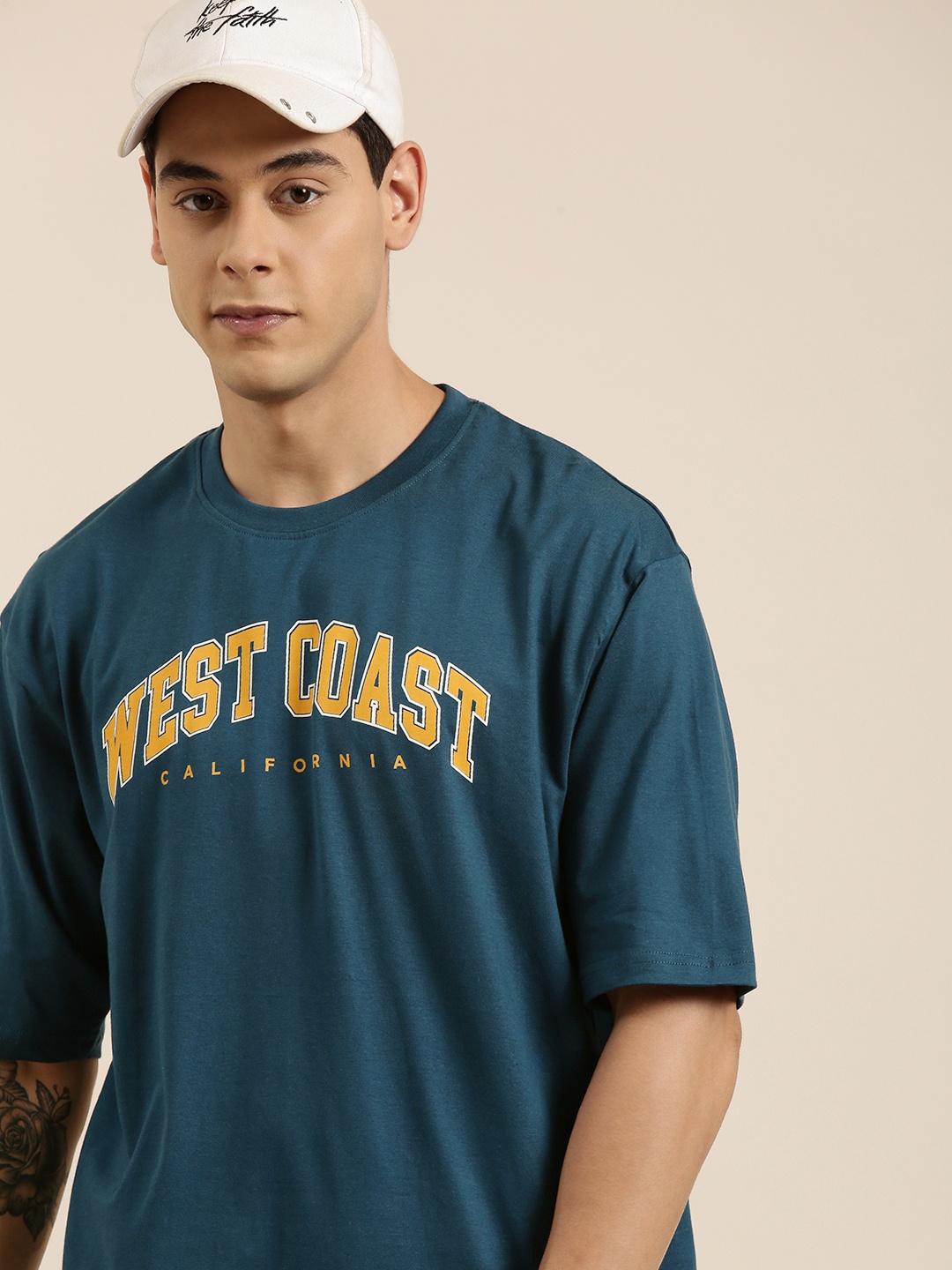 

DILLINGER Men Teal Typography Printed Pure Cotton Oversized T-shirt