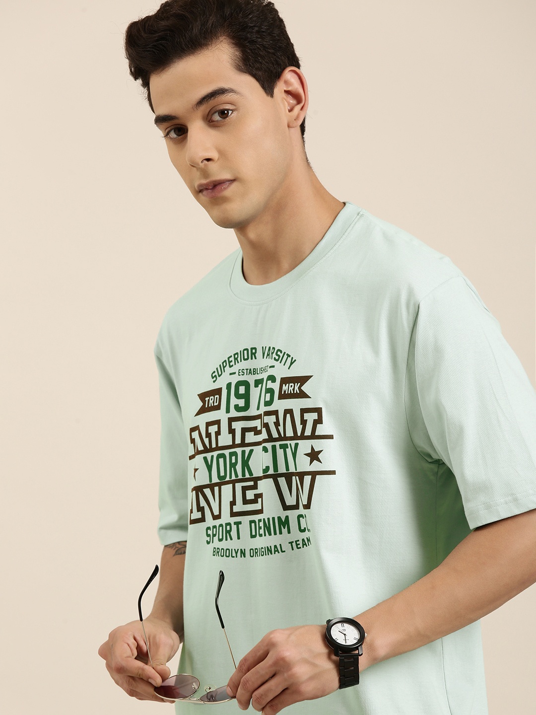 

DILLINGER Men Turquoise Blue Typography Printed Pure Cotton Oversized T-shirt