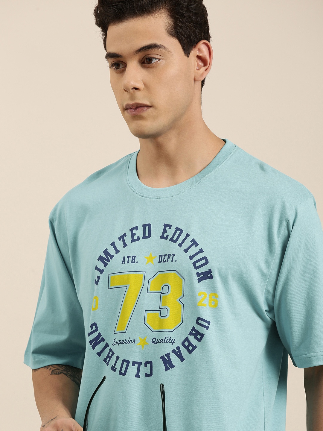 

DILLINGER Men Turquoise Blue Typography Printed Pure Cotton Oversized T-shirt