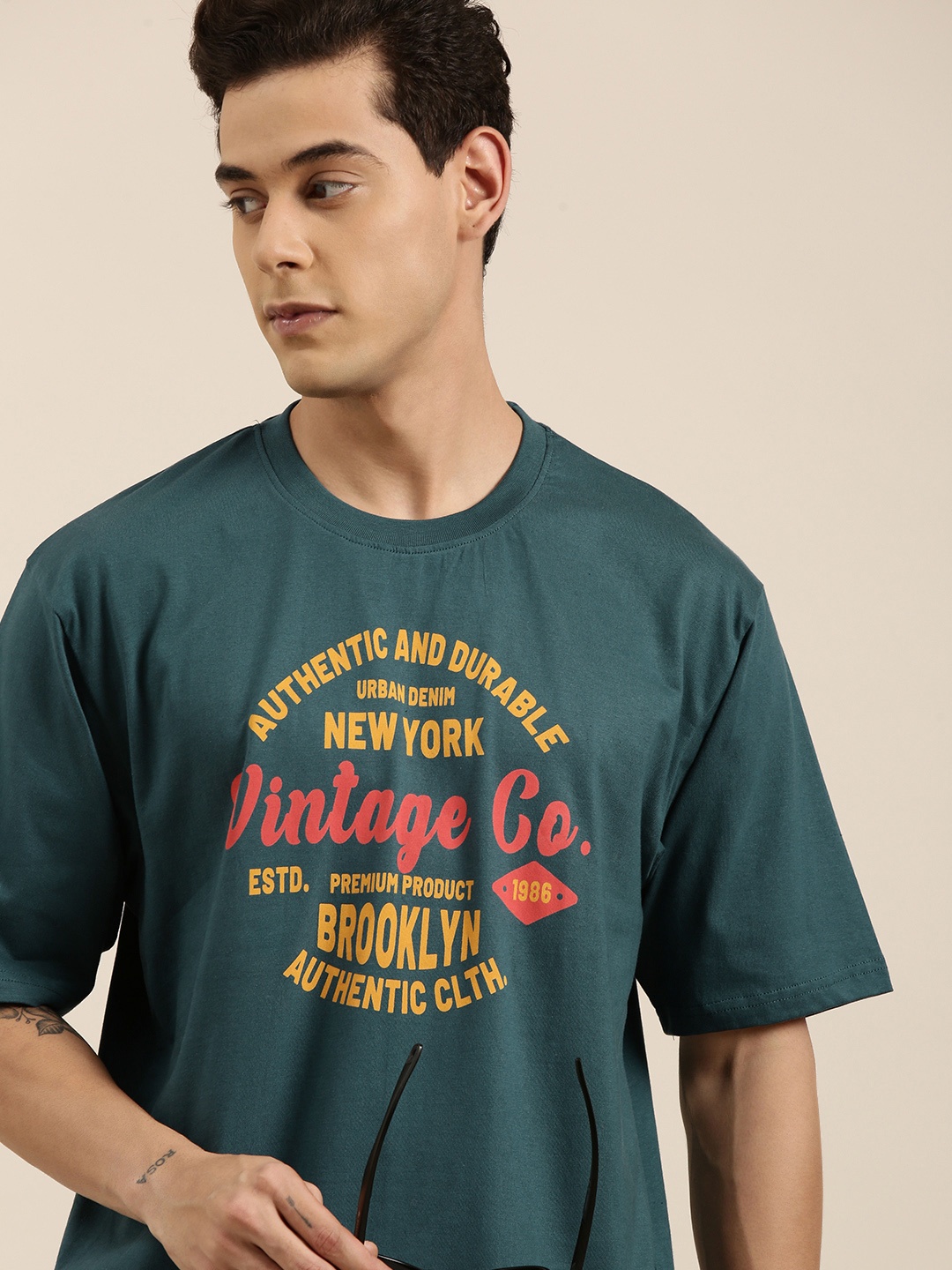 

DILLINGER Men Teal Typography Printed Pure Cotton Oversized T-shirt