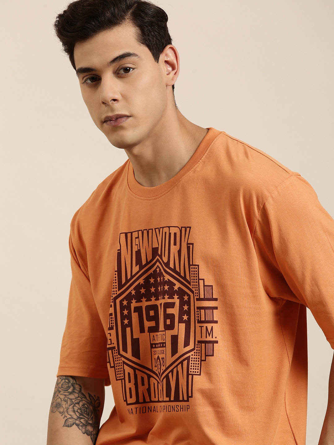 

DILLINGER Men Orange Printed Pure Cotton Oversized T-shirt