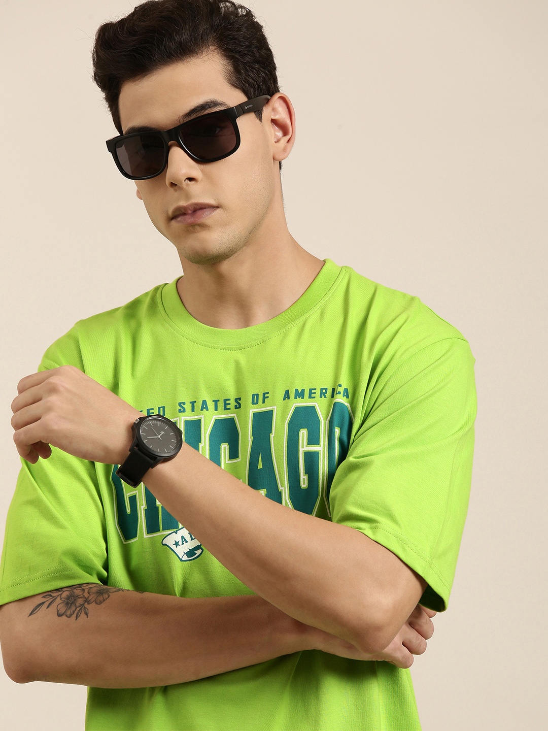 

DILLINGER Men Green Typography Printed Pure Cotton Oversized T-shirt