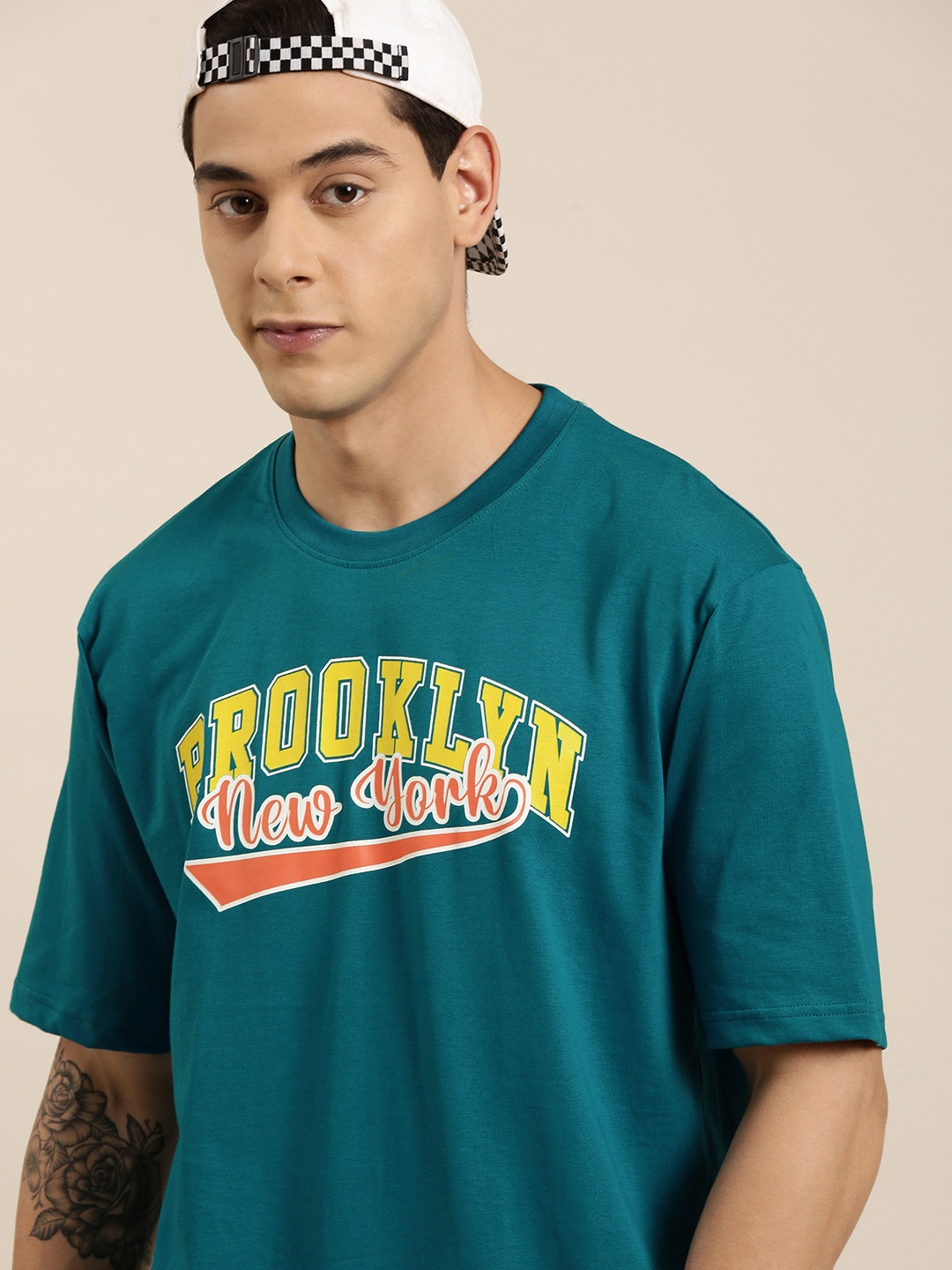 

DILLINGER Men Teal Typography Printed Pure Cotton Oversized T-shirt