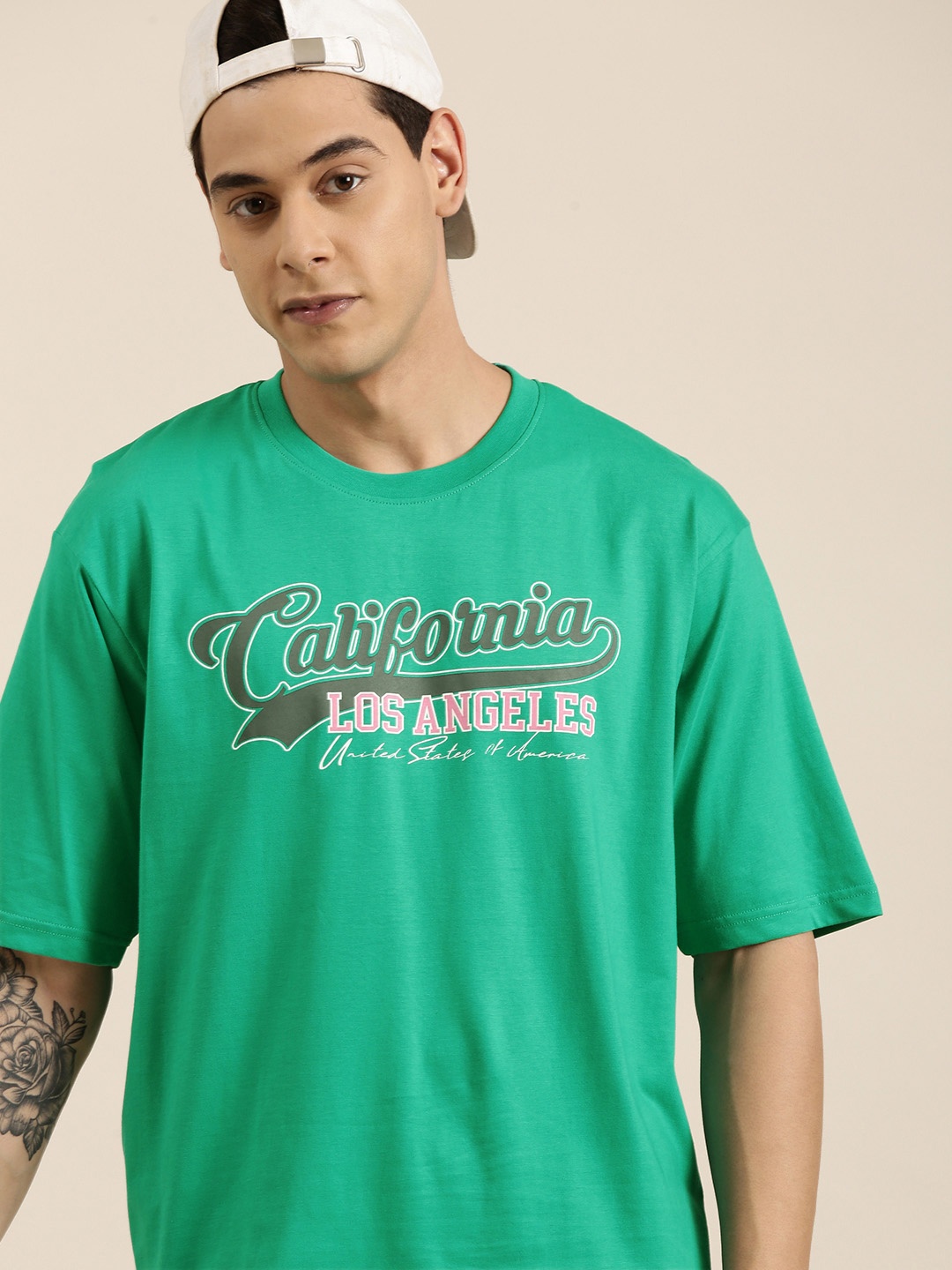 

DILLINGER Men Sea Green Typography Printed Pure Cotton Oversized T-shirt