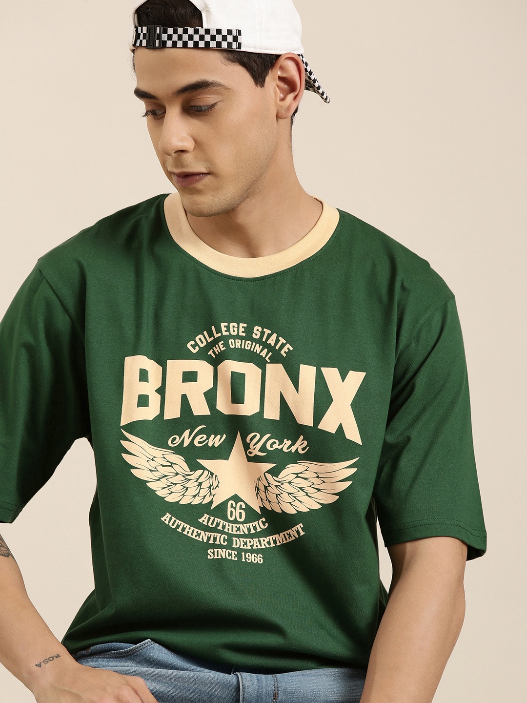 

DILLINGER Men Green Typography Printed Pure Cotton Oversized T-shirt