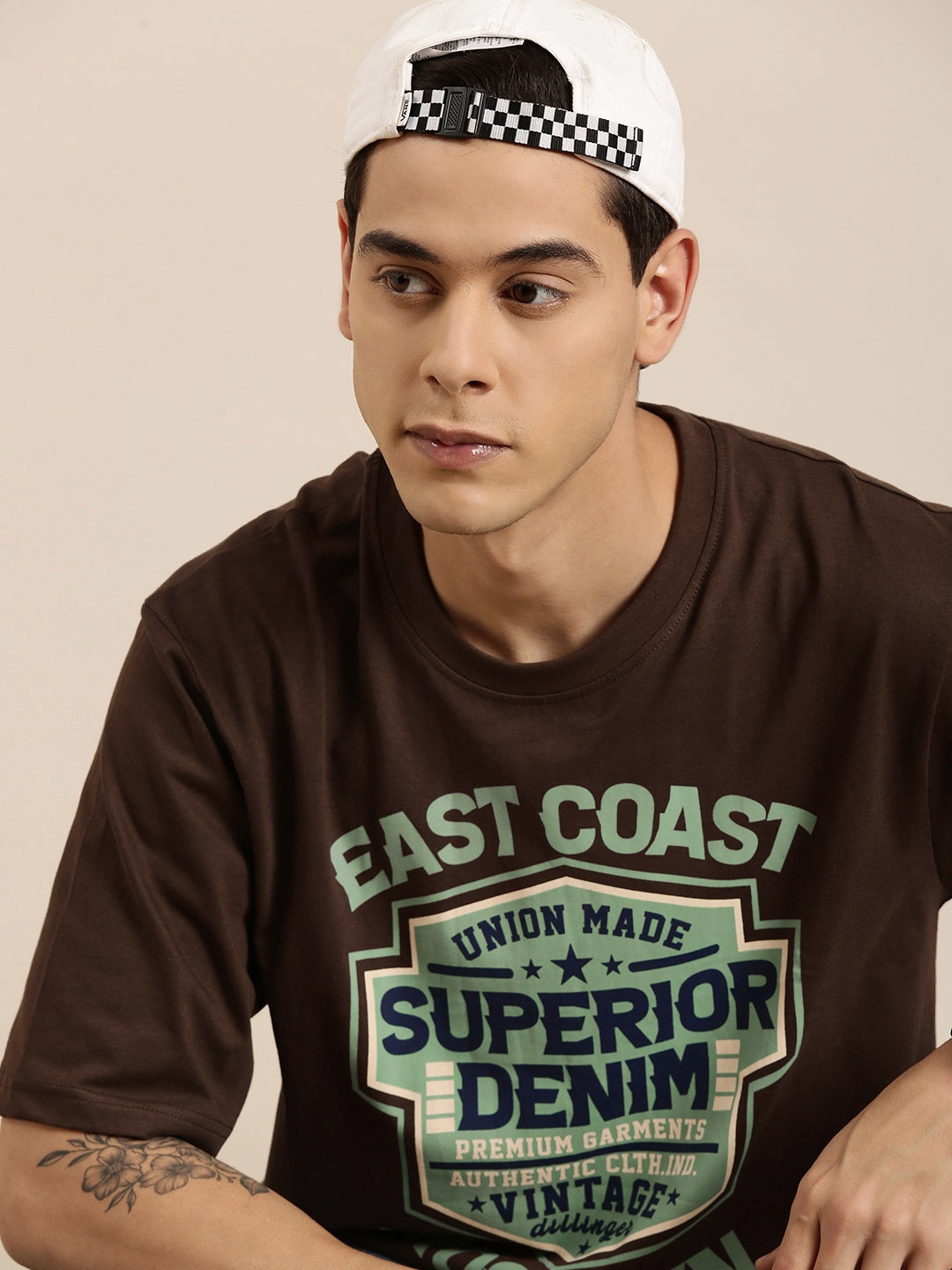 

DILLINGER Men Brown & Green Typography Printed Pure Cotton Oversized T-shirt