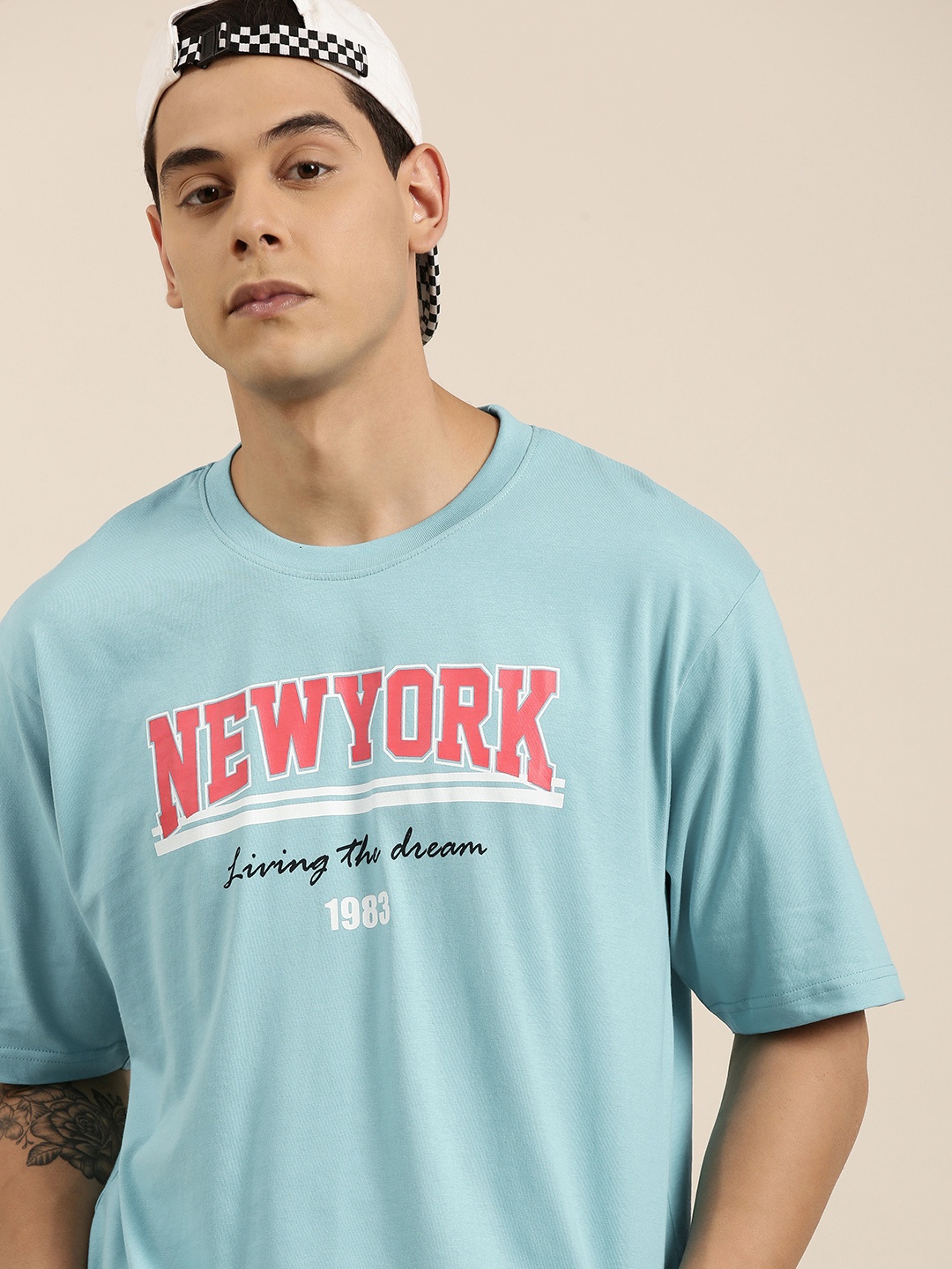 

DILLINGER Men Turquoise Blue Typography Printed Pure Cotton Oversized T-shirt