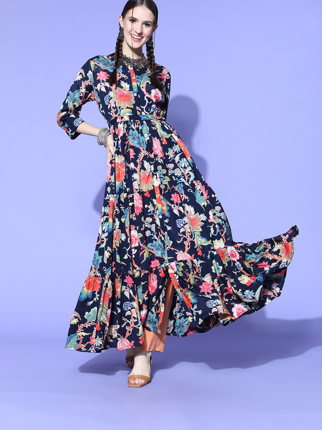 

ZOLA Women Navy Blue Art Silk Swirling Volume Kurta