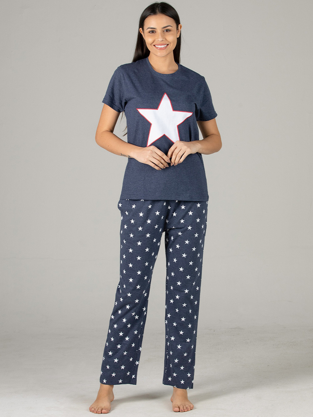 

evolove Women Navy Blue & White Printed Cotton Night suit
