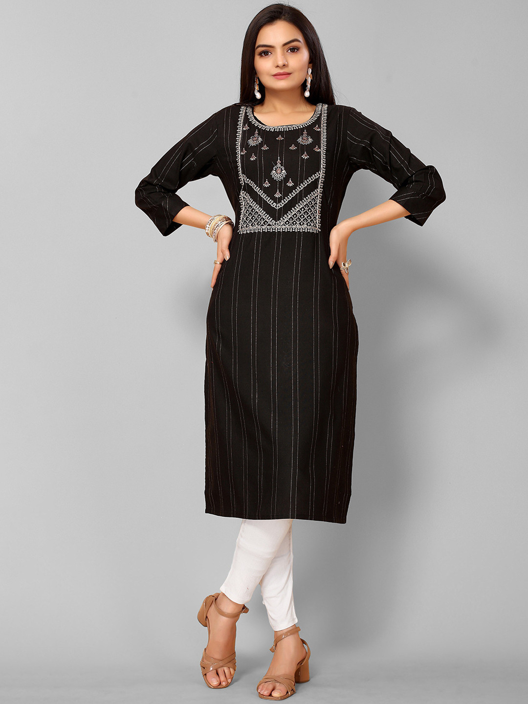 

KALINI Women Black Embroidered Indie Prints Kurta