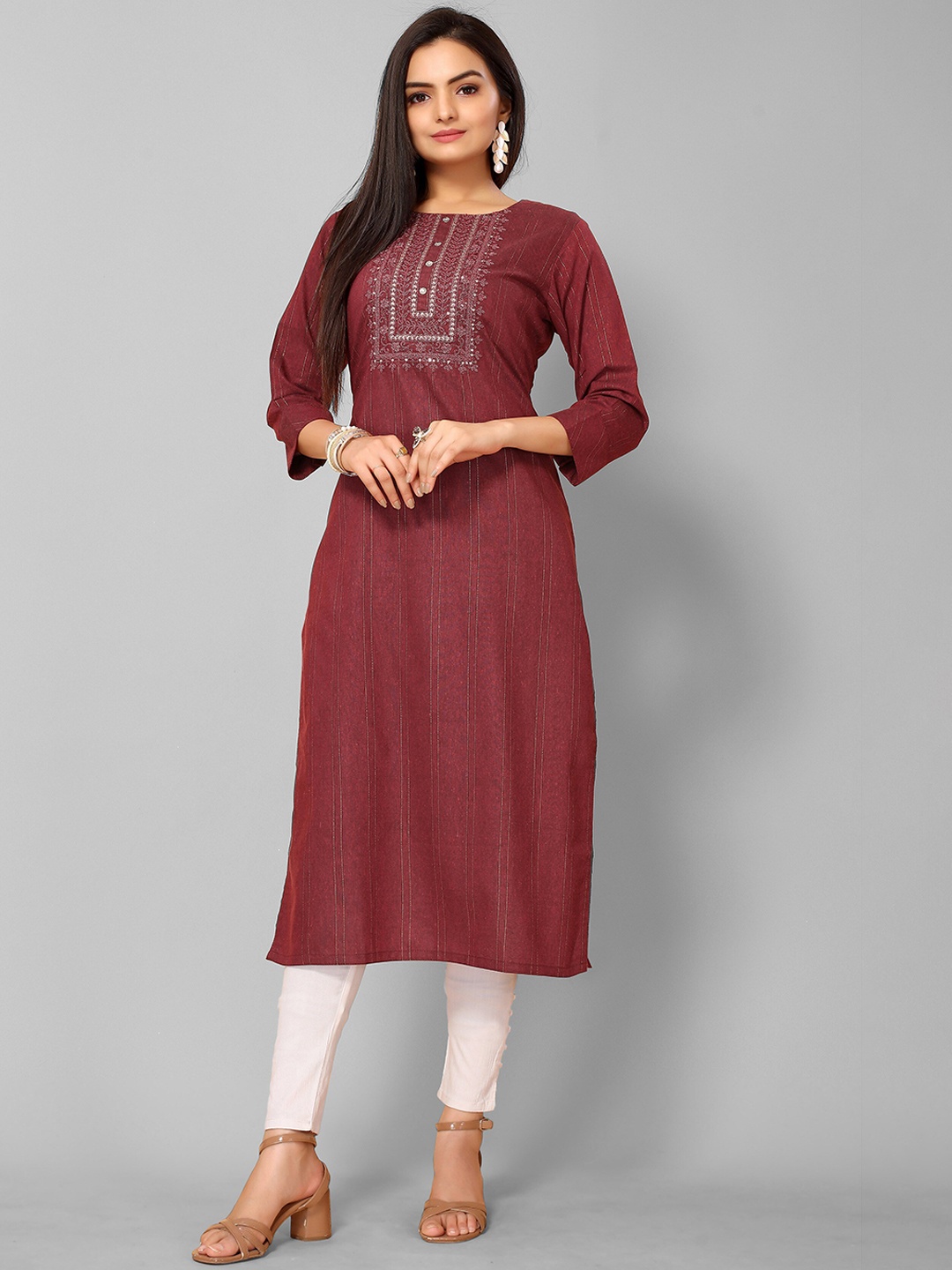

KALINI Women Maroon Ethnic Motifs Yoke Design Keyhole Neck Flared Sleeves Thread Work Indie Prints Kurta