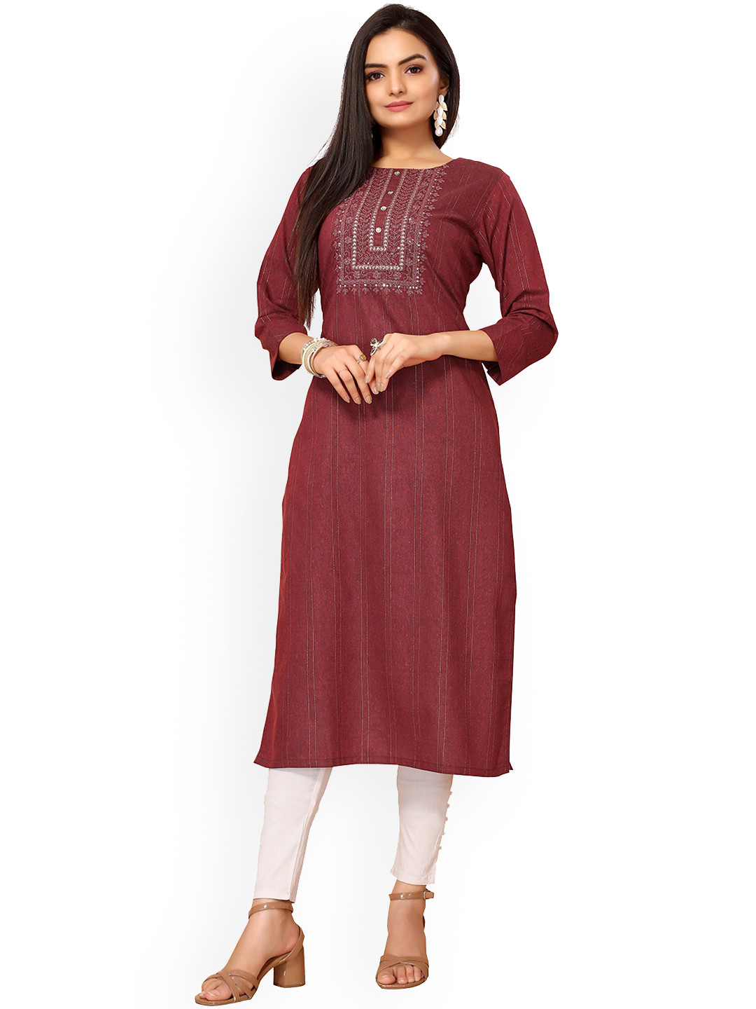 

Nimayaa Women Maroon Floral Keyhole Neck Flared Sleeves Thread Work Indie Prints Kurta
