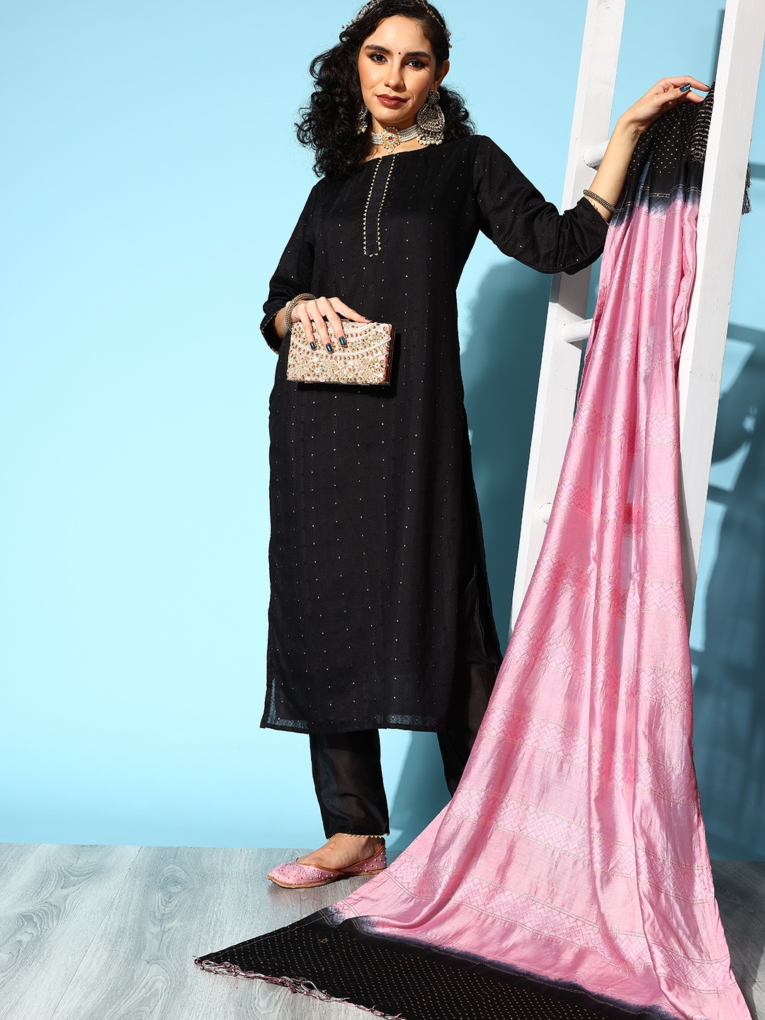 

Tikhi Imli Women Black Thread Work Kurta with Trousers & With Dupatta