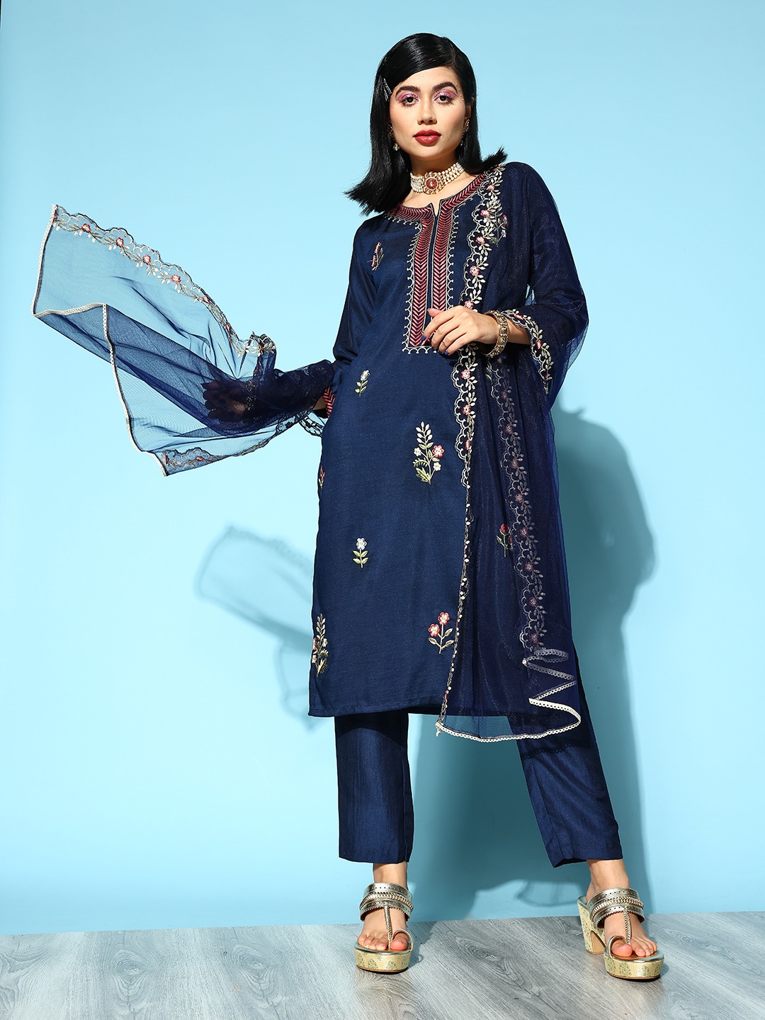 

Tikhi Imli Women Navy Blue Embroidered Thread Work Kurta with Trousers & With Dupatta