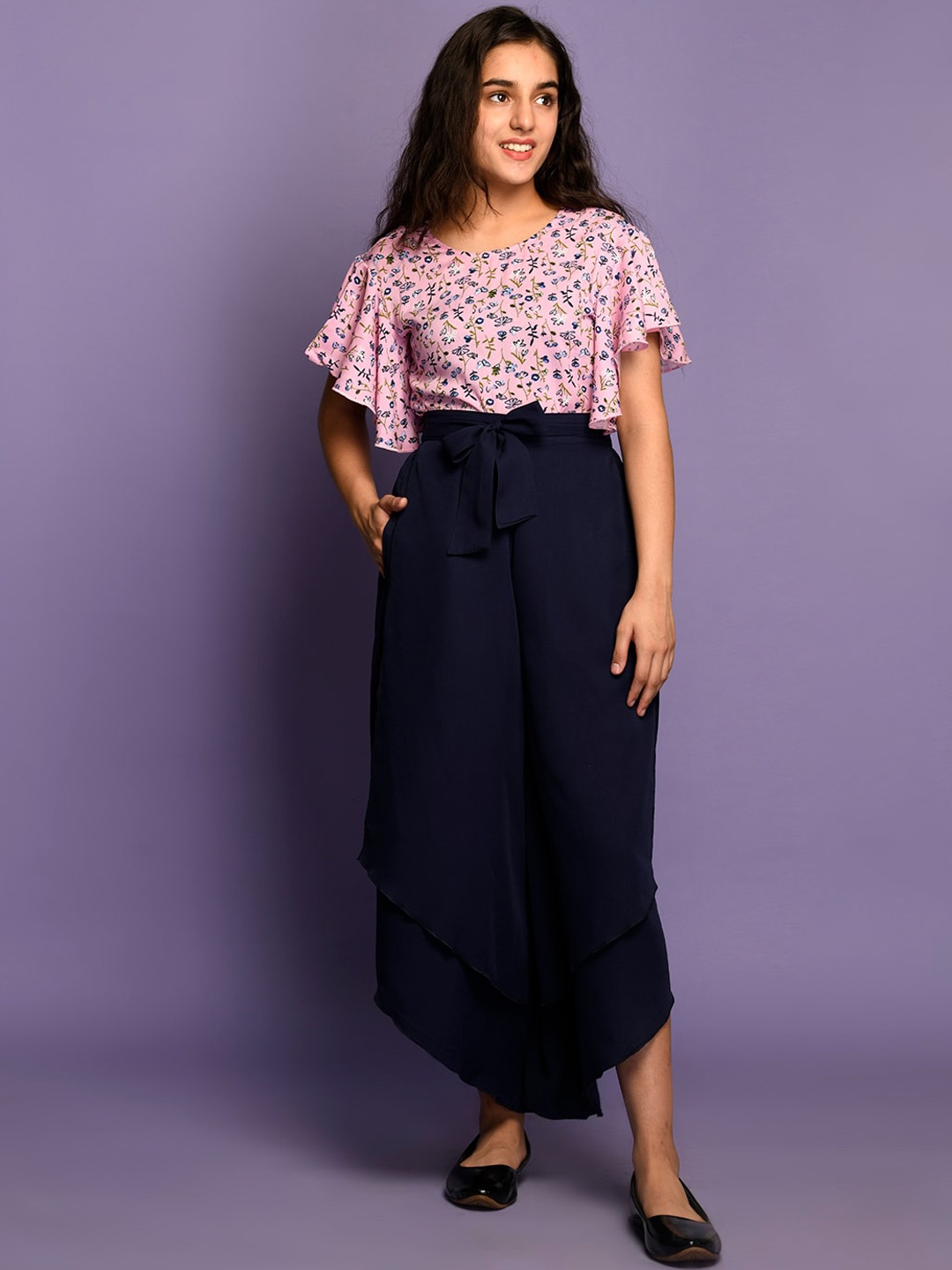 

LilPicks Girls Pink & Navy Blue Printed Top with Palazzos