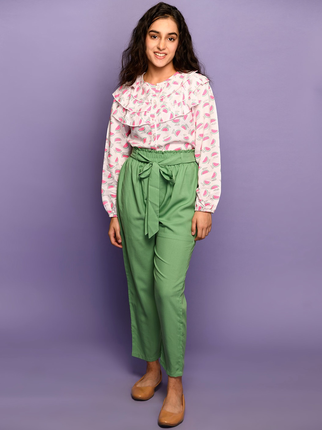 

LilPicks Girls White & Green Printed Top with Trousers