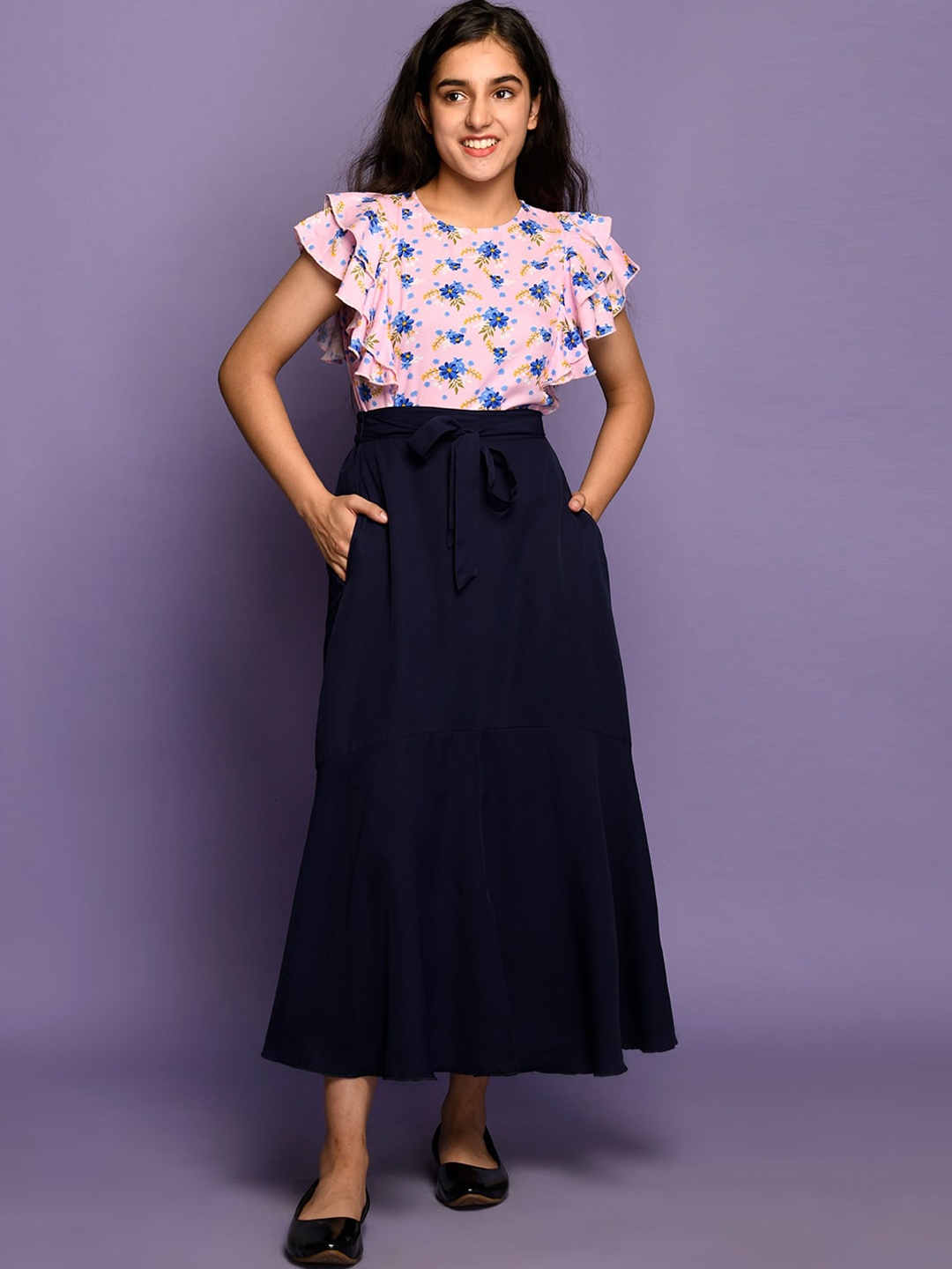 

LilPicks Teen Girls Pink & Navy Blue Printed Top with Skirt