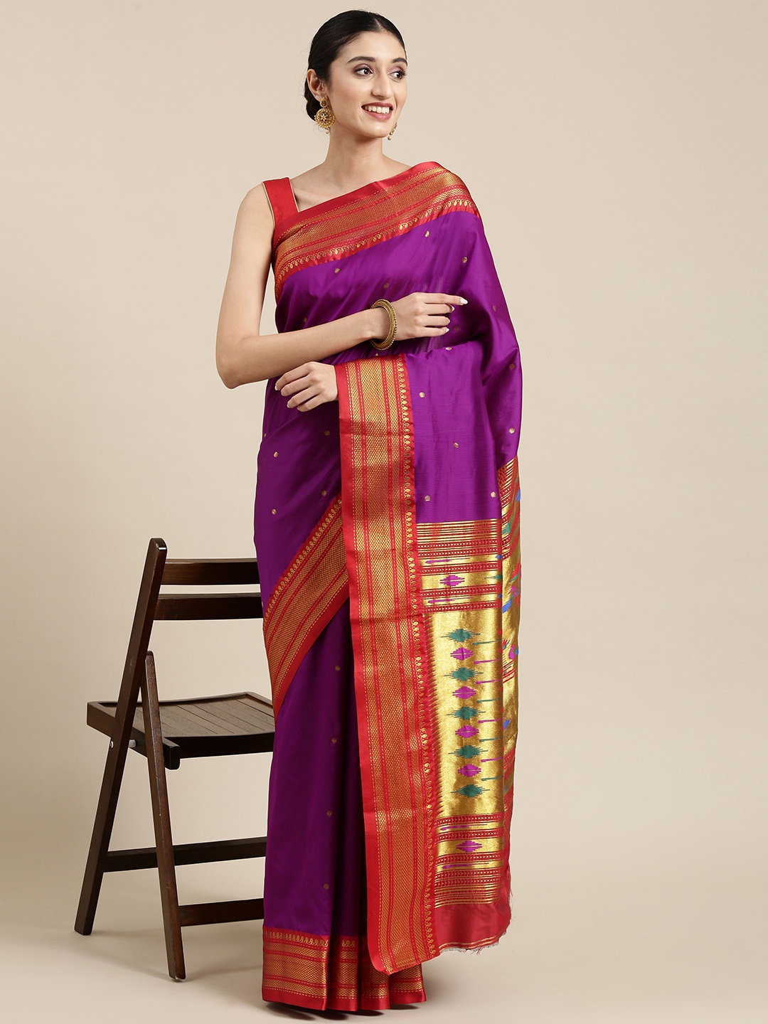 

Varkala Silk Sarees Aubergine & Red Ethnic Motifs Zari Art Silk Paithani Saree, Purple