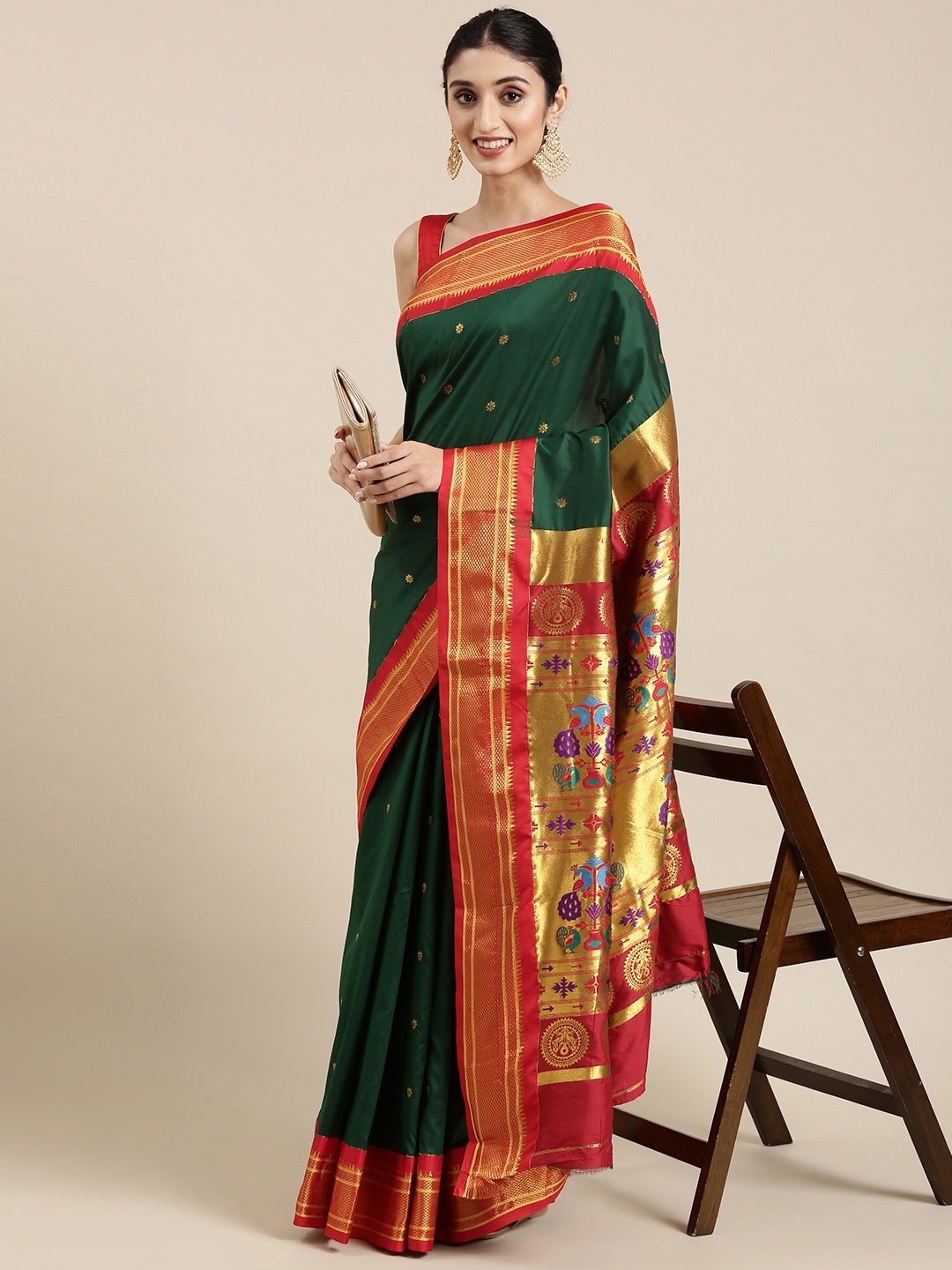 

Varkala Silk Sarees Olive Green & Red Ethnic Motifs Zari Art Silk Paithani Saree
