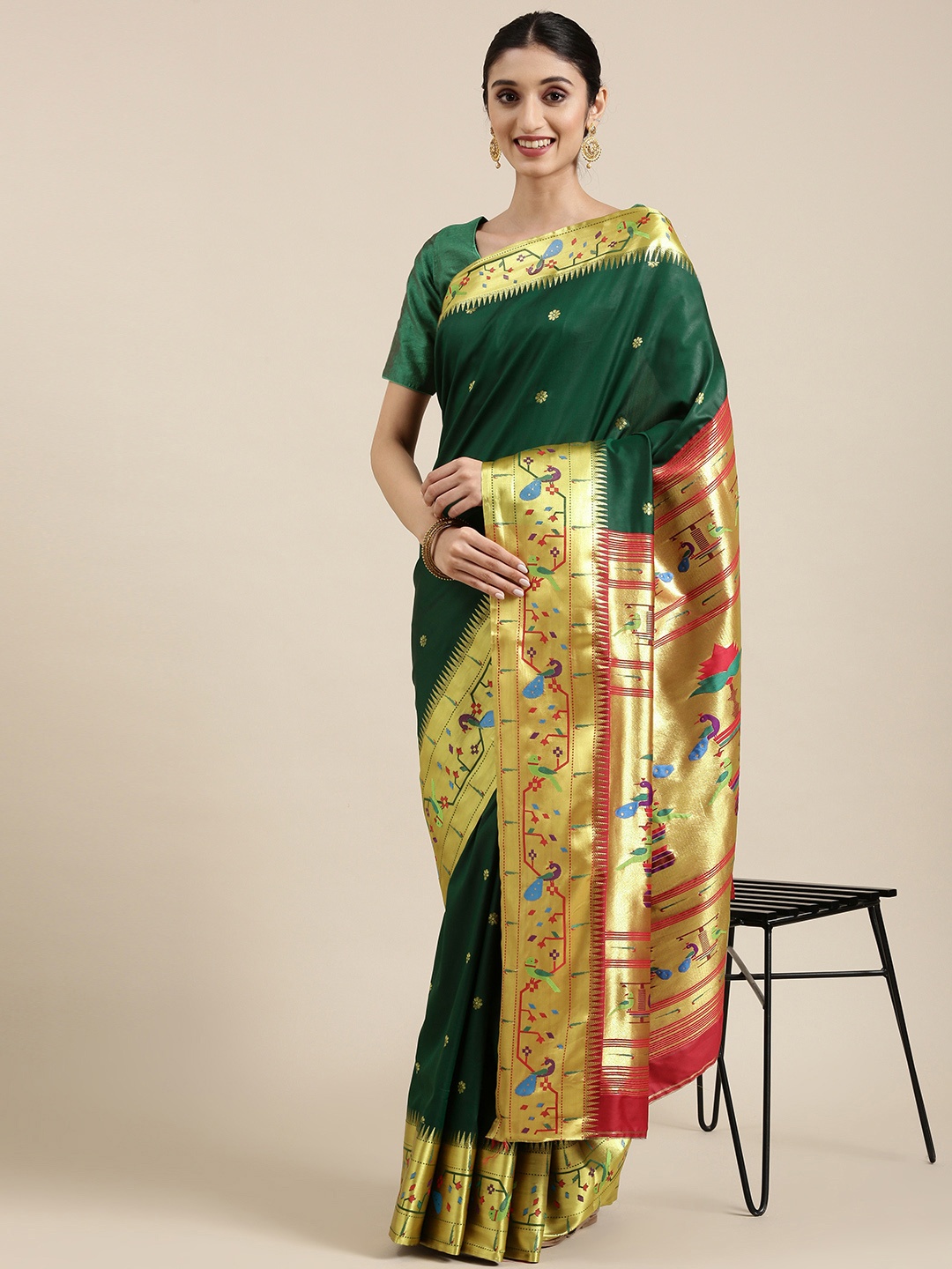 

Varkala Silk Sarees Green & Red Ethnic Motifs Zari Art Silk Paithani Saree