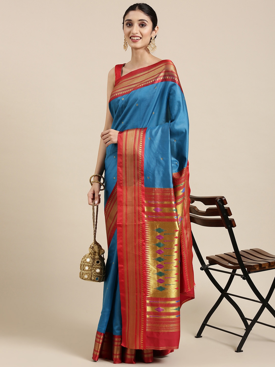 

Varkala Silk Sarees Blue & Red Ethnic Motifs Zari Art Silk Paithani Saree