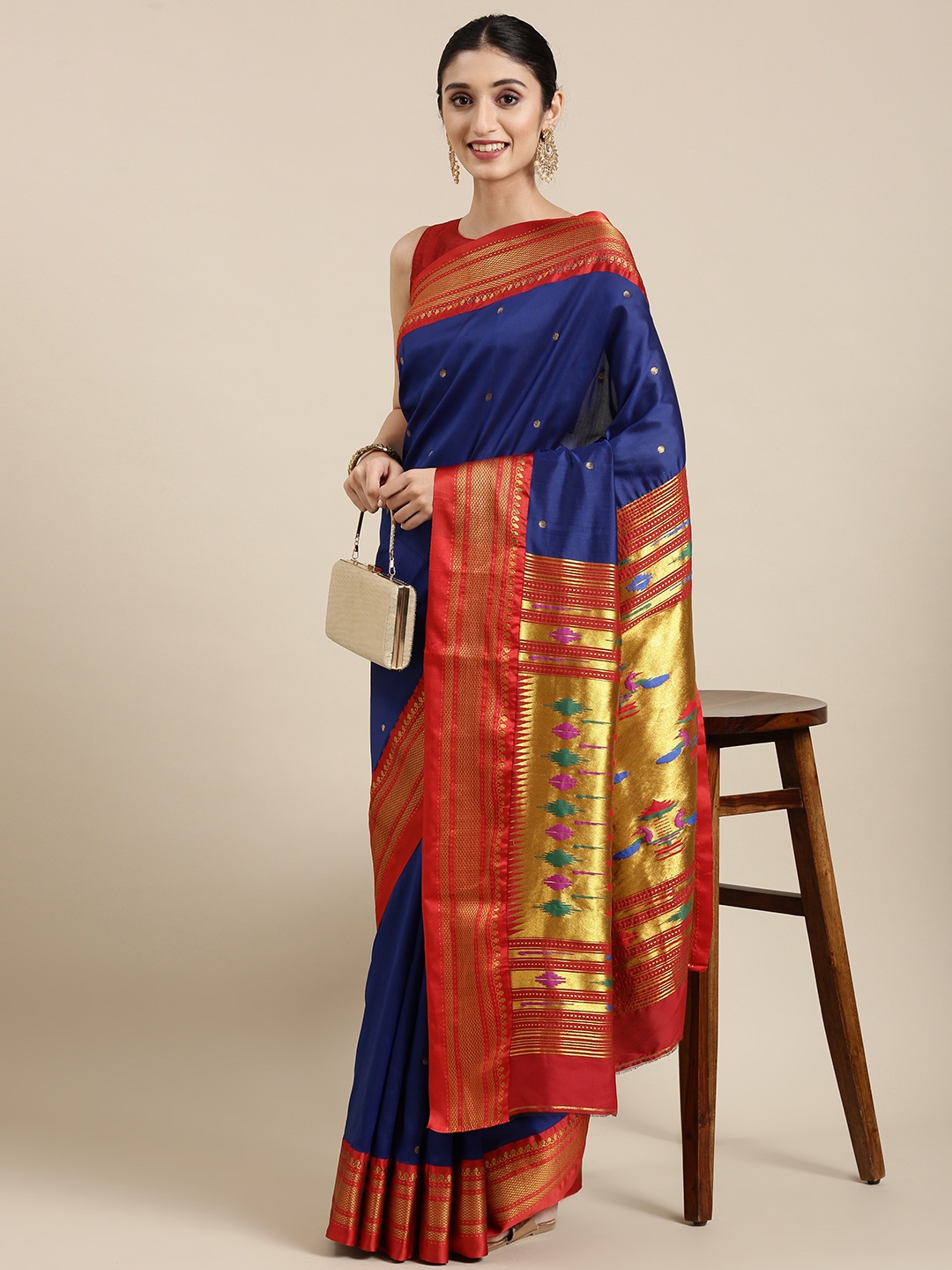 

Varkala Silk Sarees Blue & Red Ethnic Motifs Zari Art Silk Paithani Saree