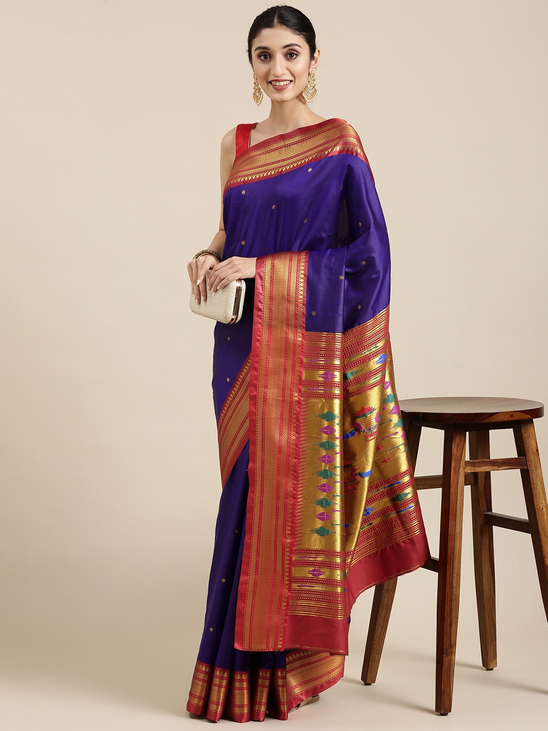 

Varkala Silk Sarees Navy Blue & Red Ethnic Motifs Zari Art Silk Paithani Saree