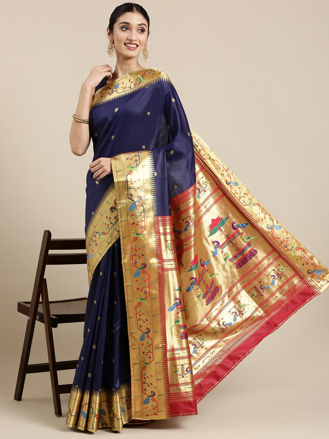 

Varkala Silk Sarees Navy Blue & Red Ethnic Motifs Zari Art Silk Paithani Saree