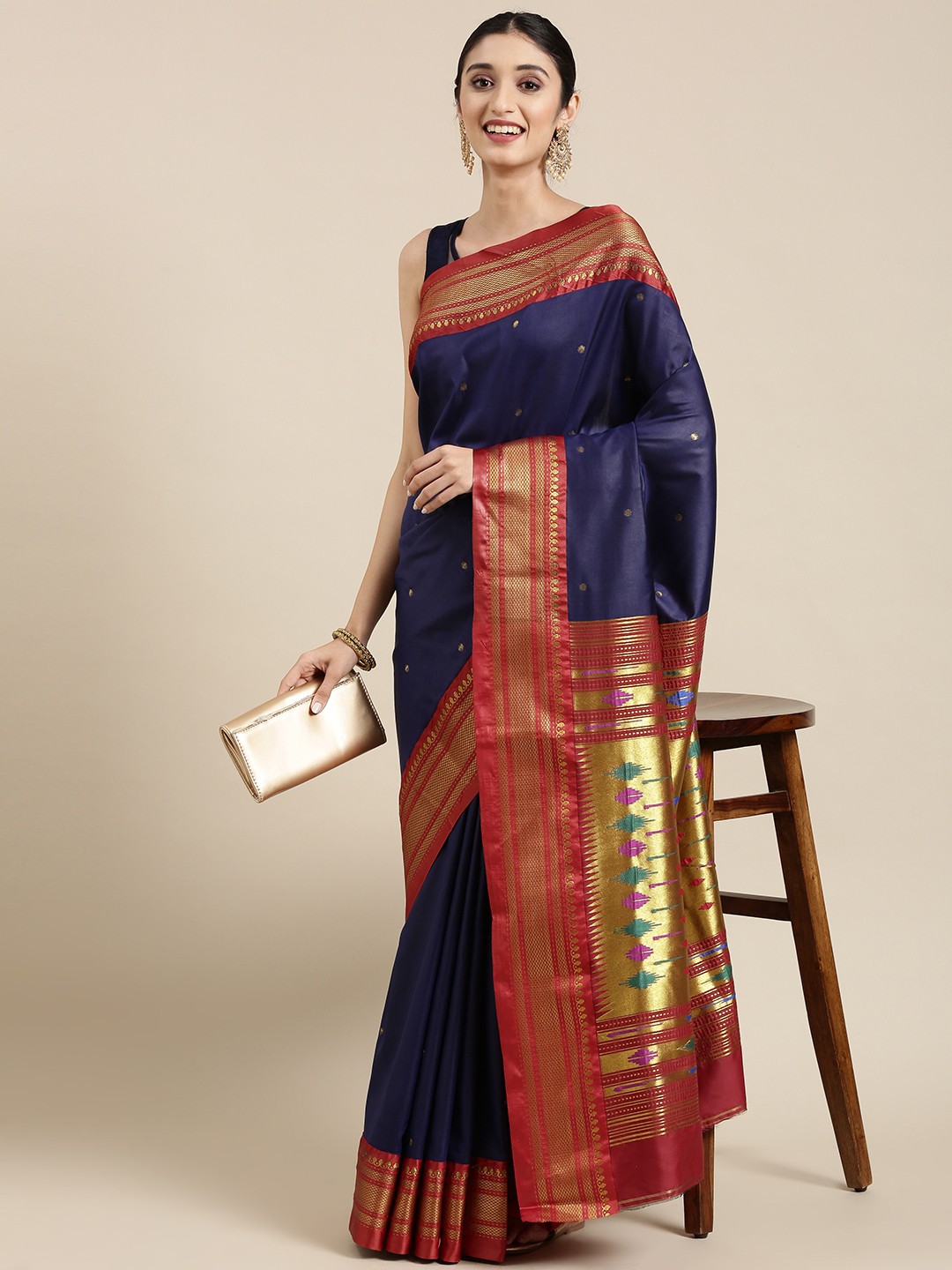 

Varkala Silk Sarees Navy Blue & Red Ethnic Motifs Zari Art Silk Paithani Saree