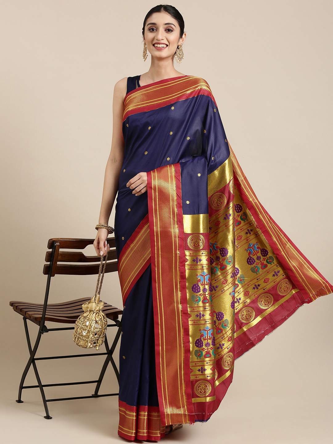 

Varkala Silk Sarees Navy Blue & Red Ethnic Motifs Zari Art Silk Paithani Saree