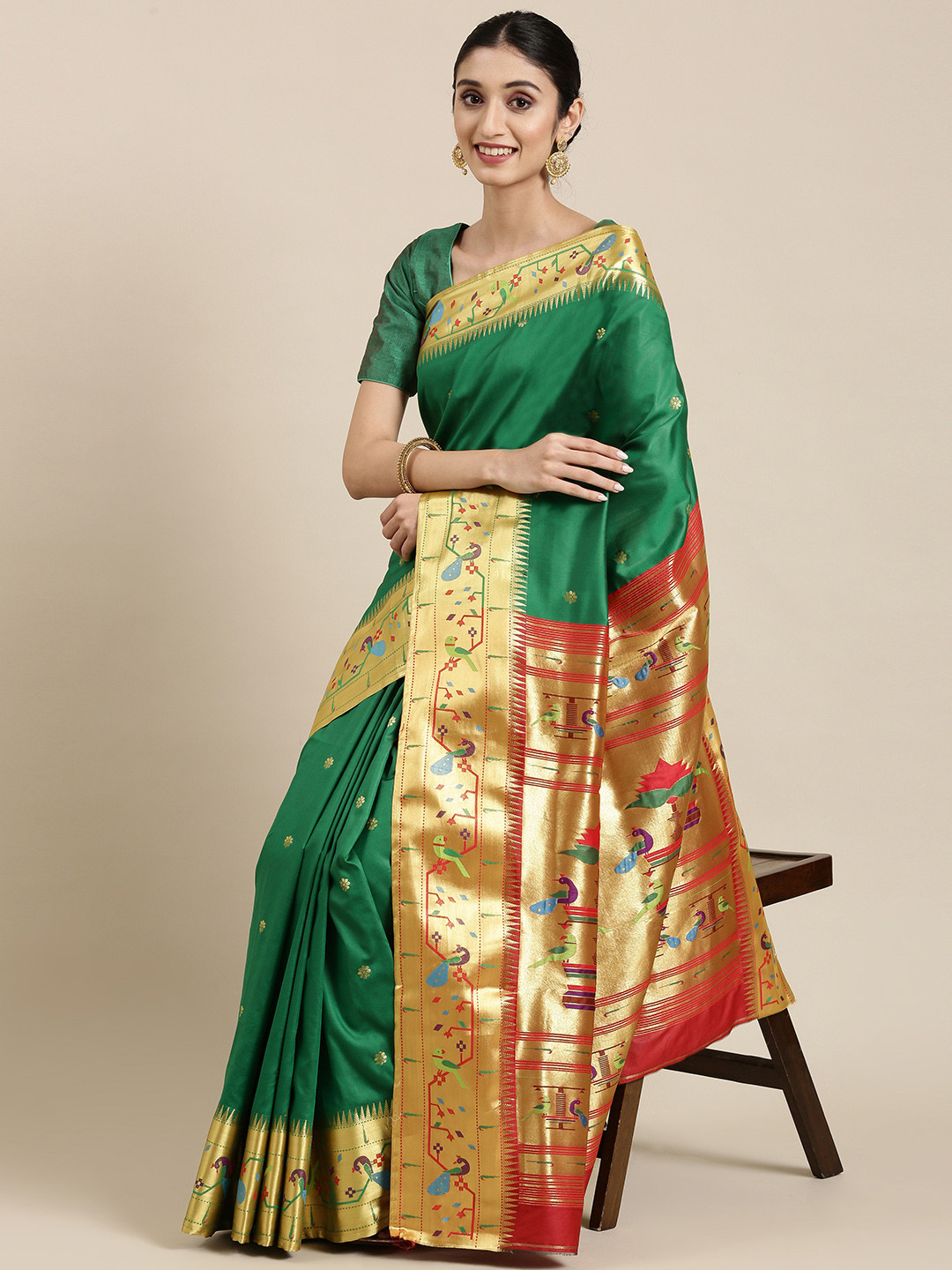 

Varkala Silk Sarees Green & Red Ethnic Motifs Zari Art Silk Paithani Saree