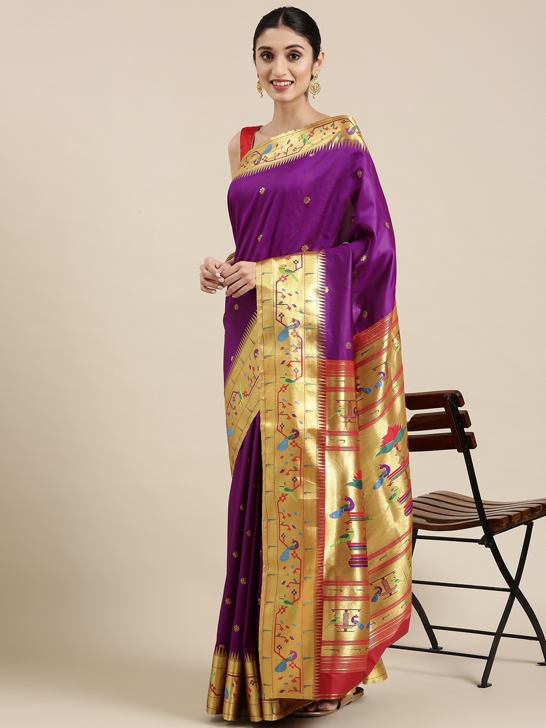 

Varkala Silk Sarees Aubergine & Red Ethnic Motifs Zari Art Silk Paithani Saree, Purple