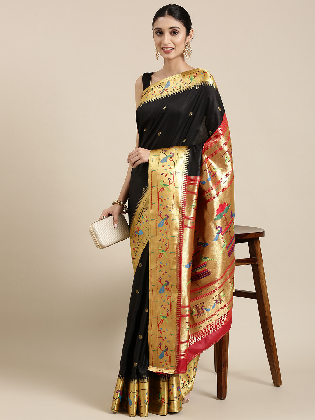 

Varkala Silk Sarees Black & Red Ethnic Motifs Zari Art Silk Paithani Saree