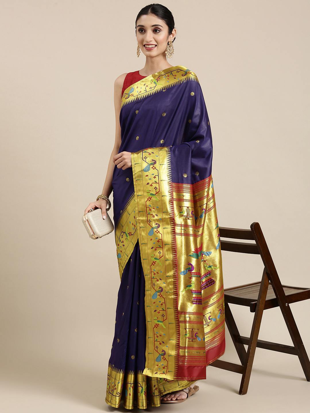 

Varkala Silk Sarees Navy Blue & Gold Ethnic Motifs Zari Art Silk Paithani Saree