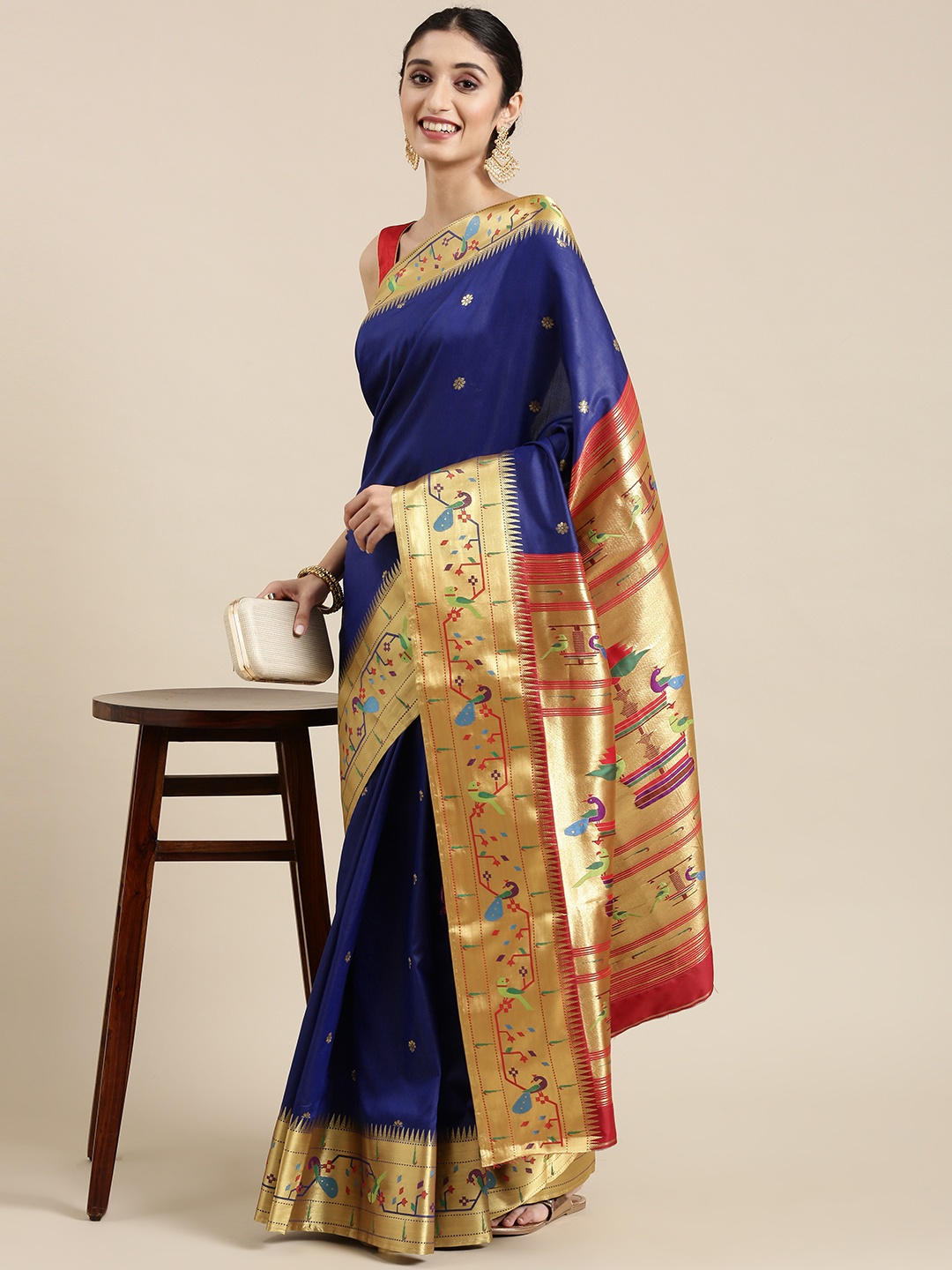 

Varkala Silk Sarees Navy Blue & Gold Ethnic Motifs Zari Art Silk Paithani Saree