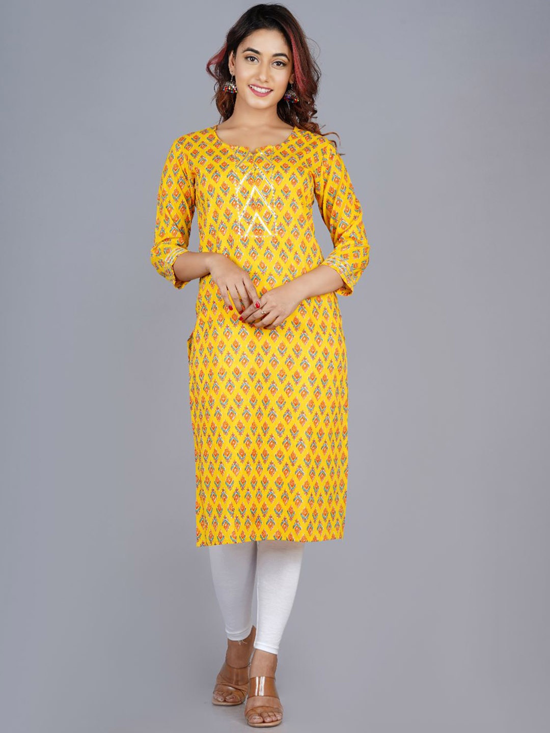 

JAIPURI COLLECTION Women Yellow Geometric Thread Work Pathani Kurta