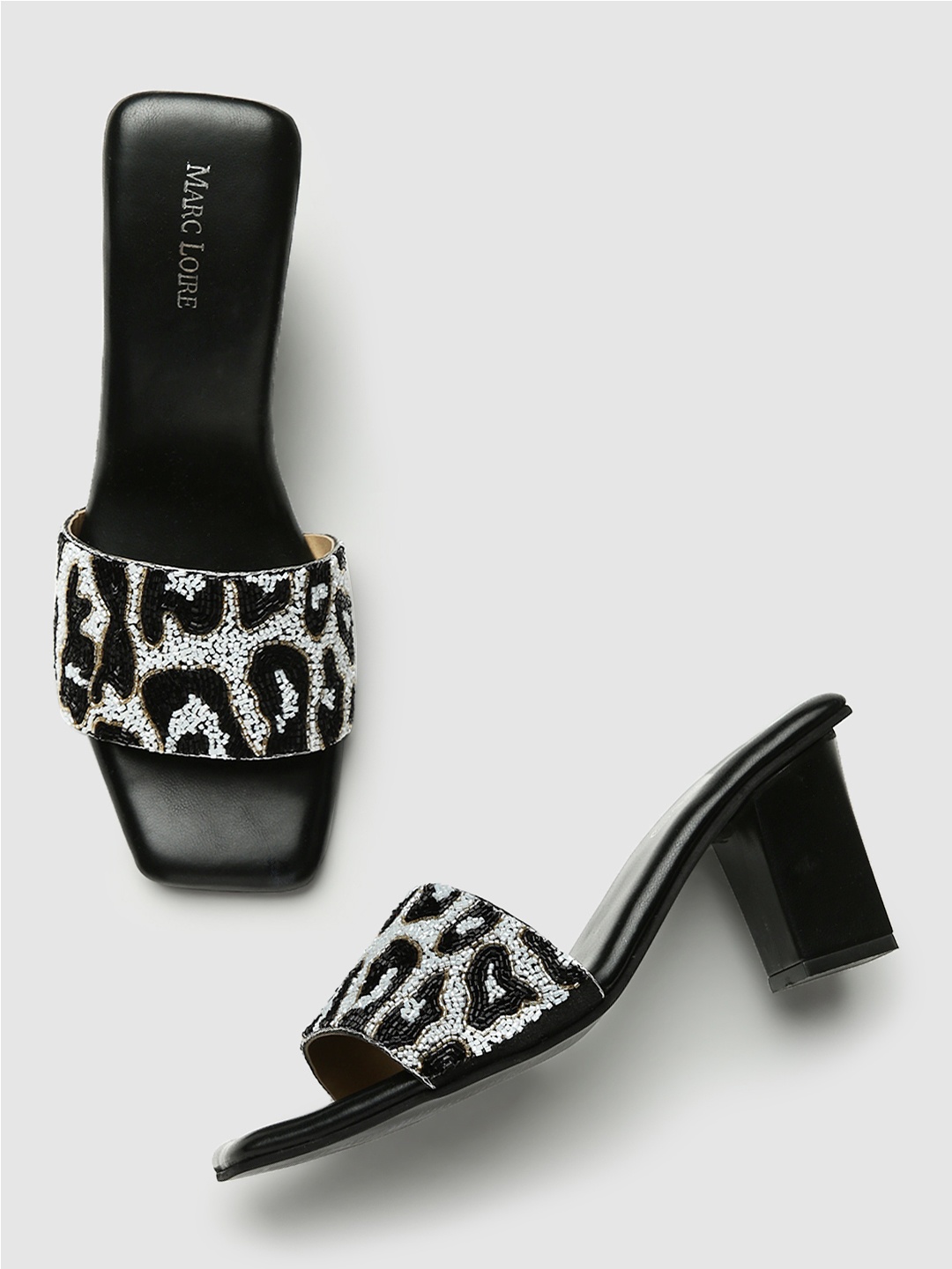 

Marc Loire Black Printed PU Party Block Mules