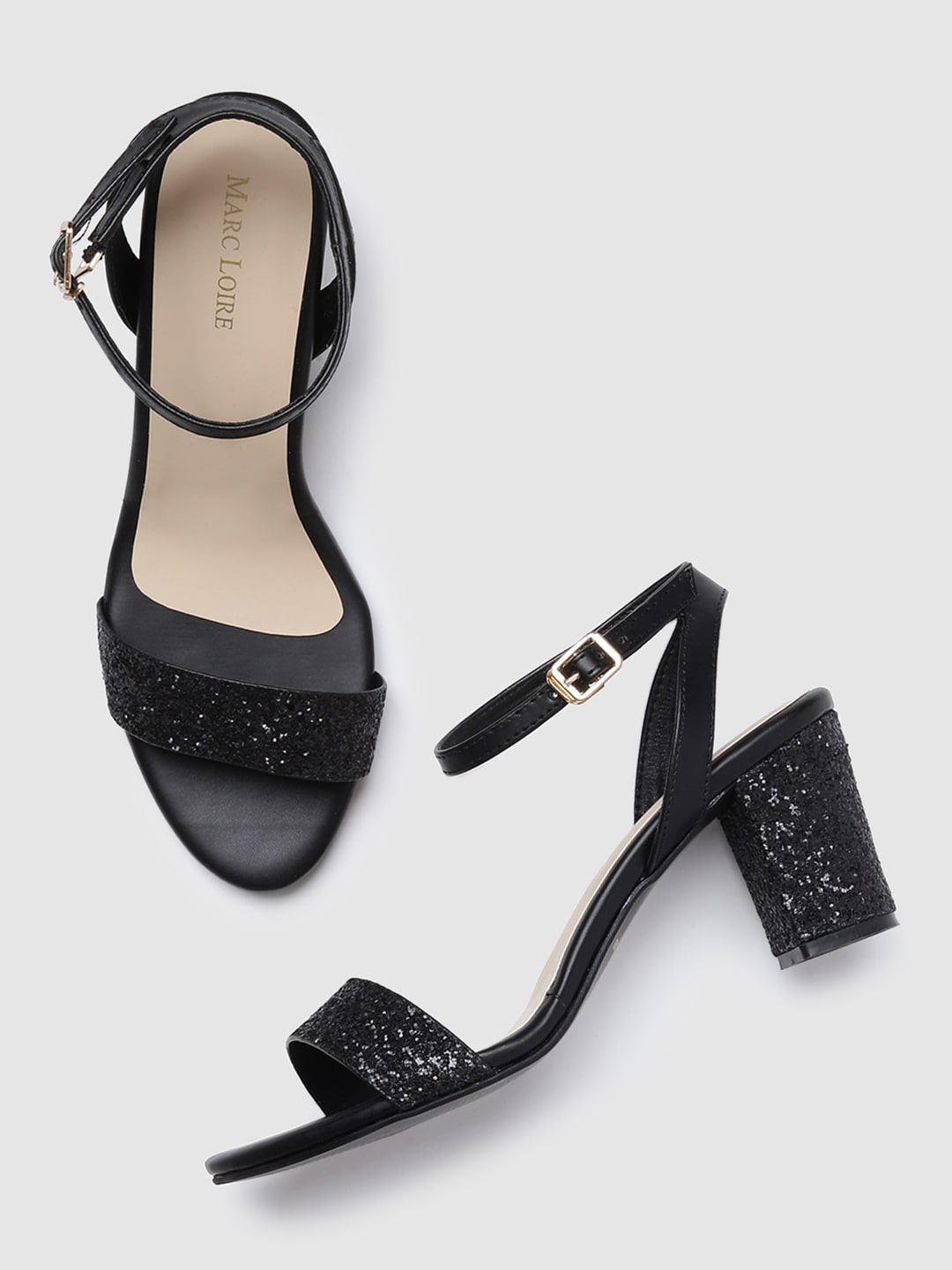 

Marc Loire Black PU Party Block Sandals with Laser Cuts