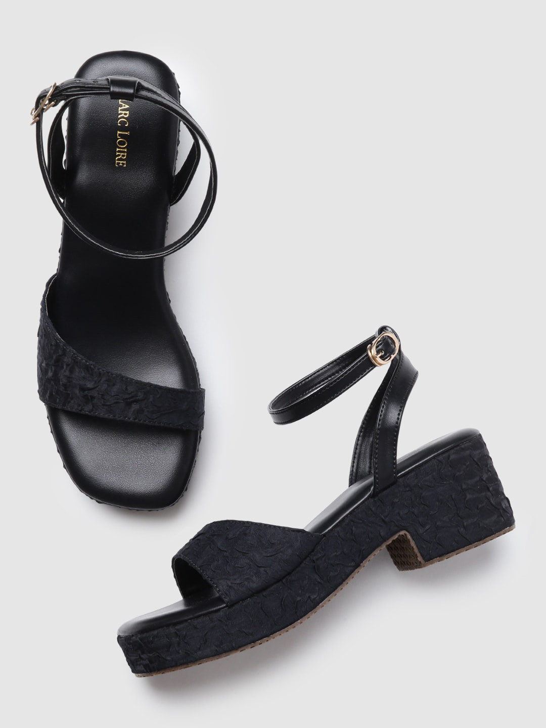 

Marc Loire Black Textured PU Work Platform Sandals with Buckles
