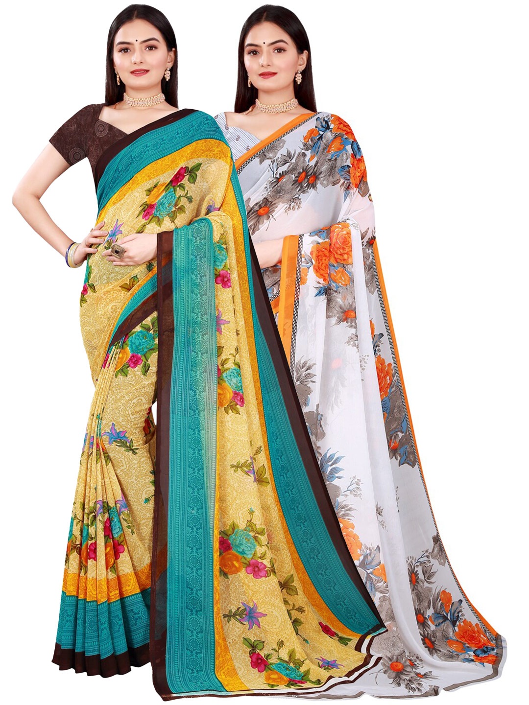 

Florence White & Orange Floral Pure Georgette Saree