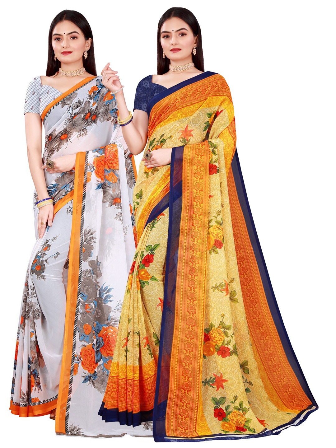 Florence White & Yellow Floral Pure Georgette Saree