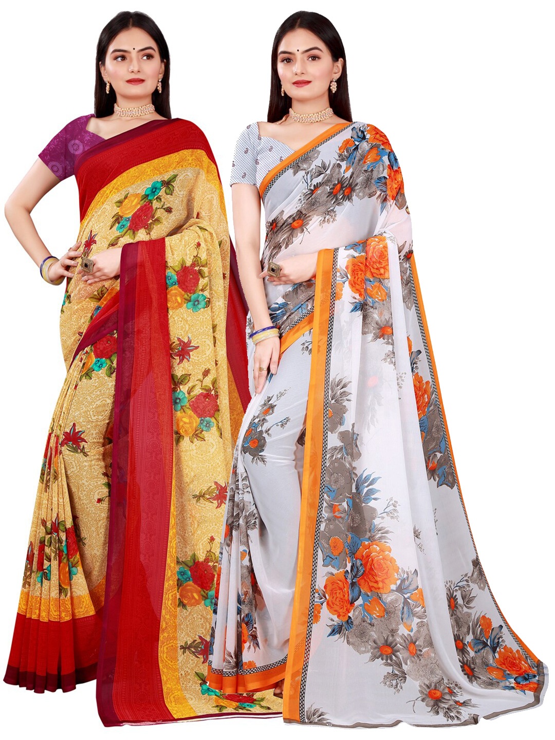

Florence White & Yellow Floral Pure Georgette Saree