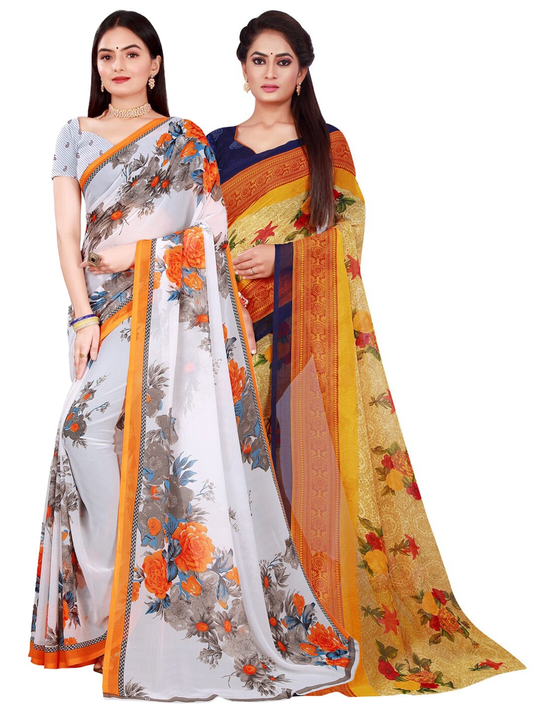 

Florence White & Yellow Floral Pure Georgette Saree