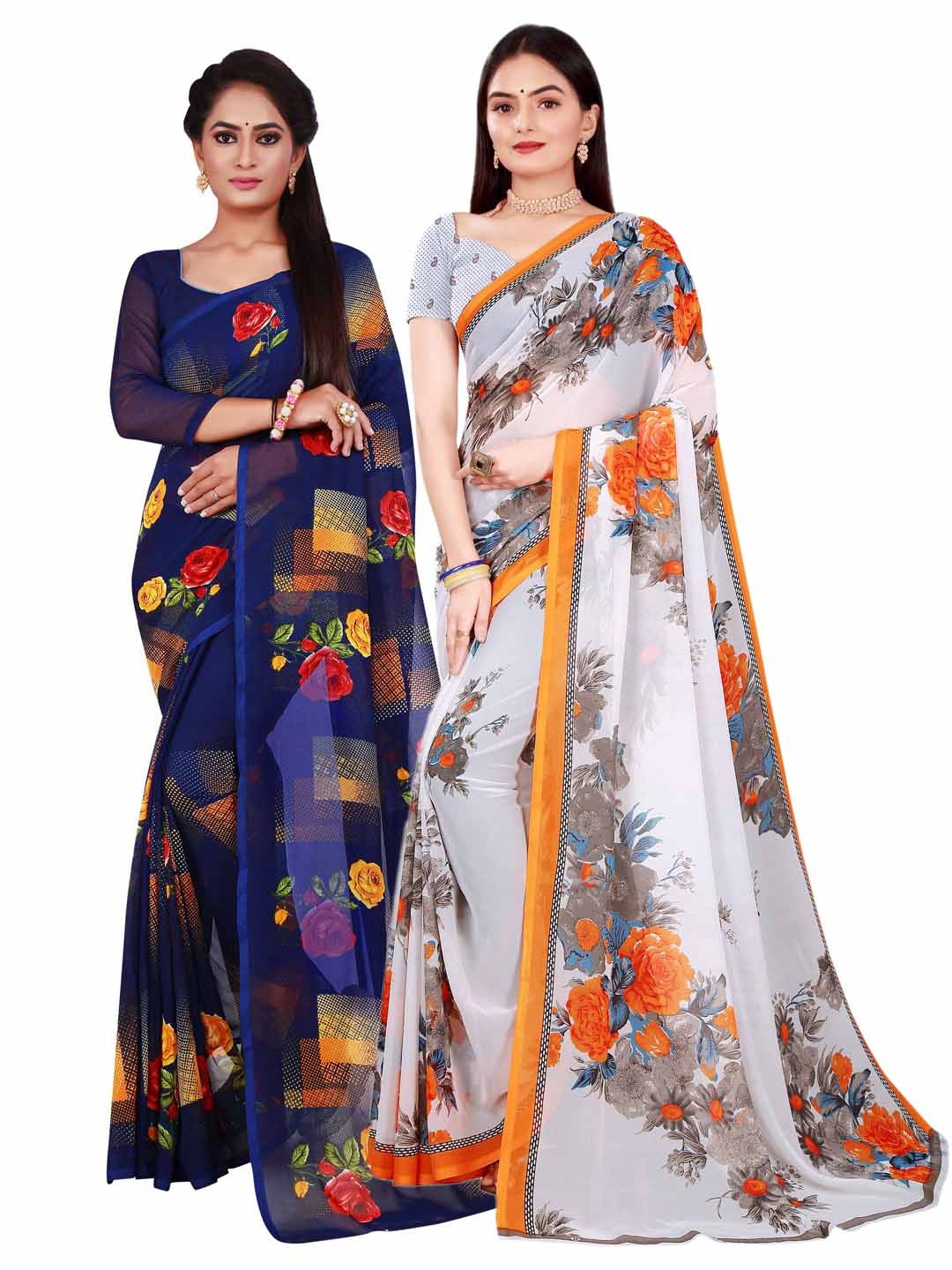 

Florence White & Blue Floral Pure Georgette Saree