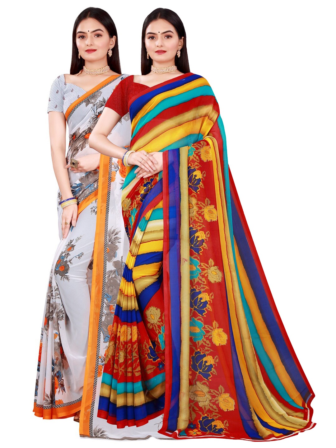 Florence White & Blue Floral Pure Georgette Saree