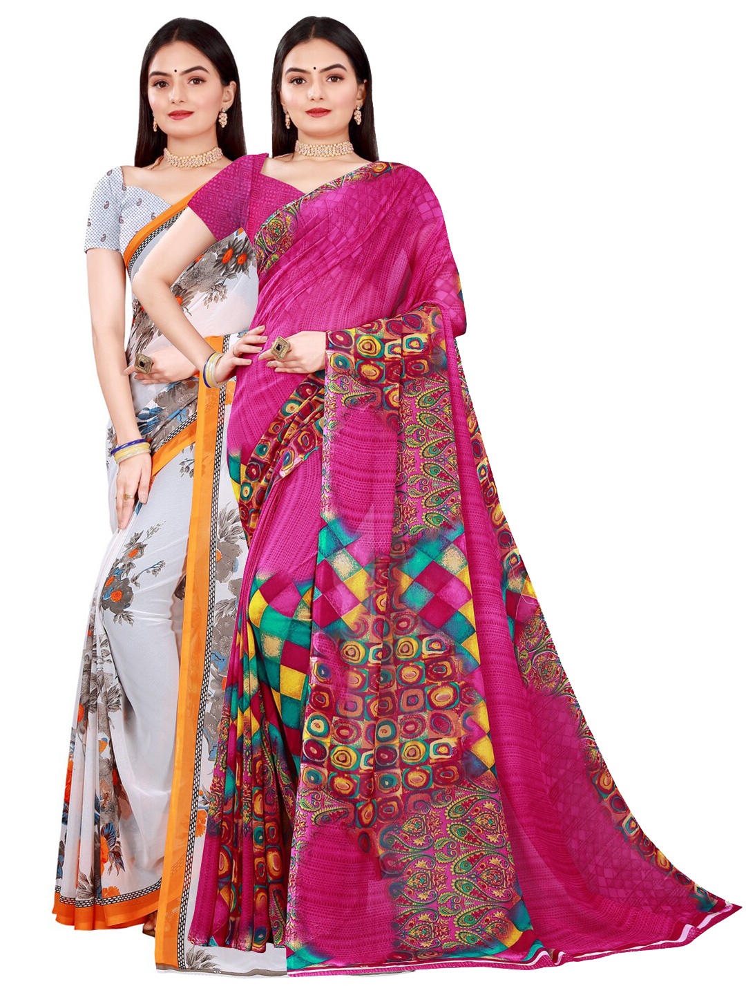 

Florence White & Orange Floral Pure Georgette Saree