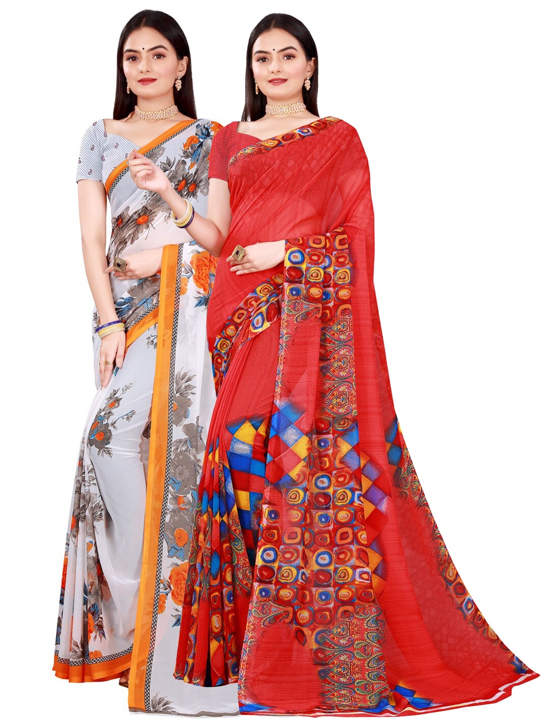 

Florence White & Red Floral Pure Georgette Saree