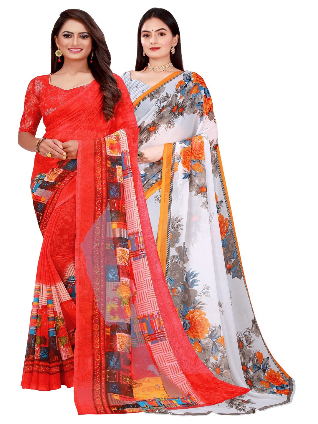 

Florence White & Orange Floral Pure Georgette Saree